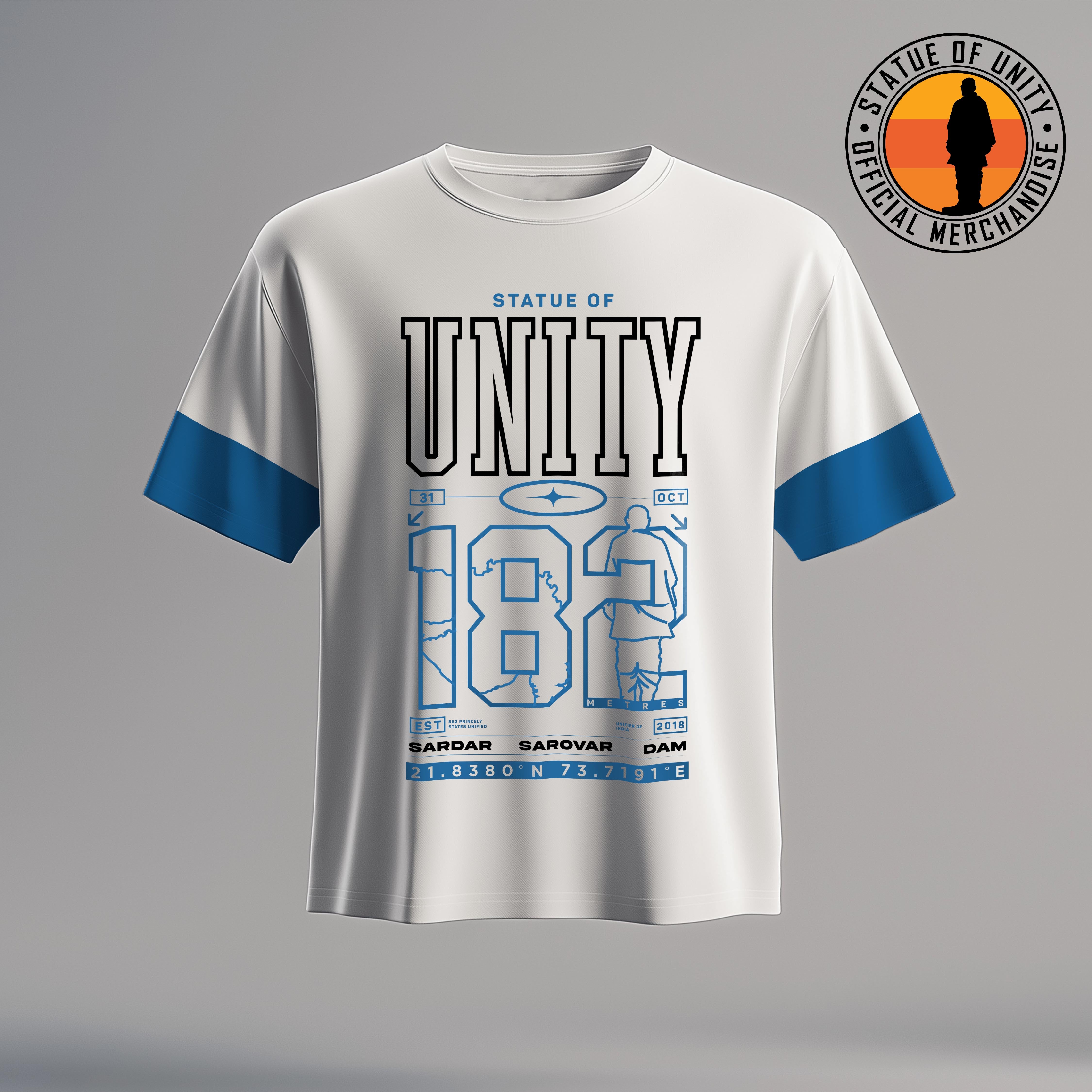 Statue Of Unity: White & Blue Varsity Style Regular T-Shirt