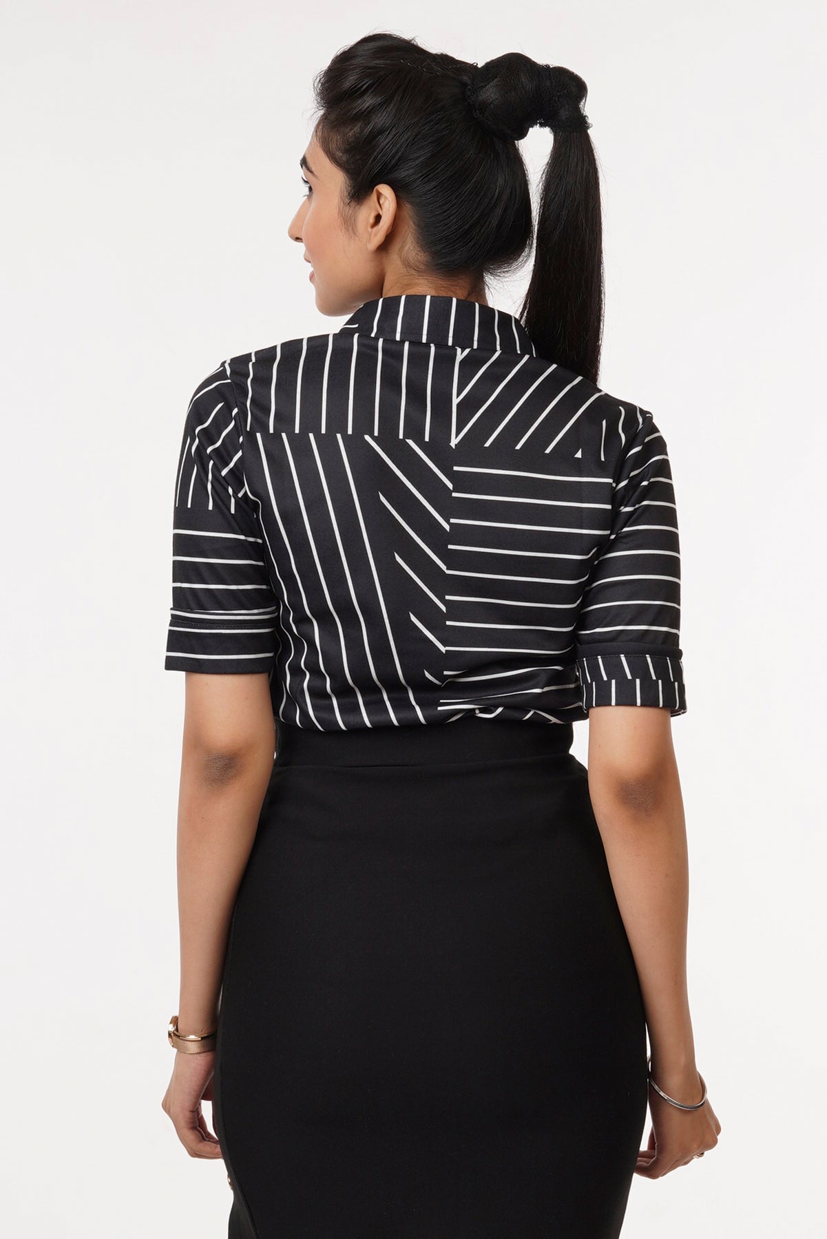 Black with Abstract Geometric Stripes Regular Fit Shirtee