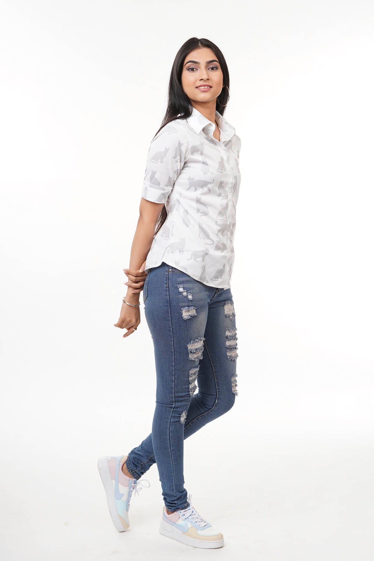 White with Grey Cat Pattern Regular Fit Shirtee