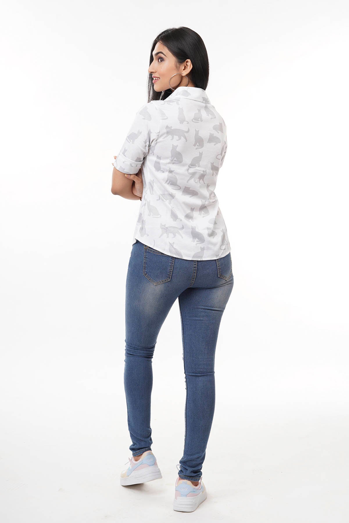 White with Grey Cat Pattern Regular Fit Shirtee