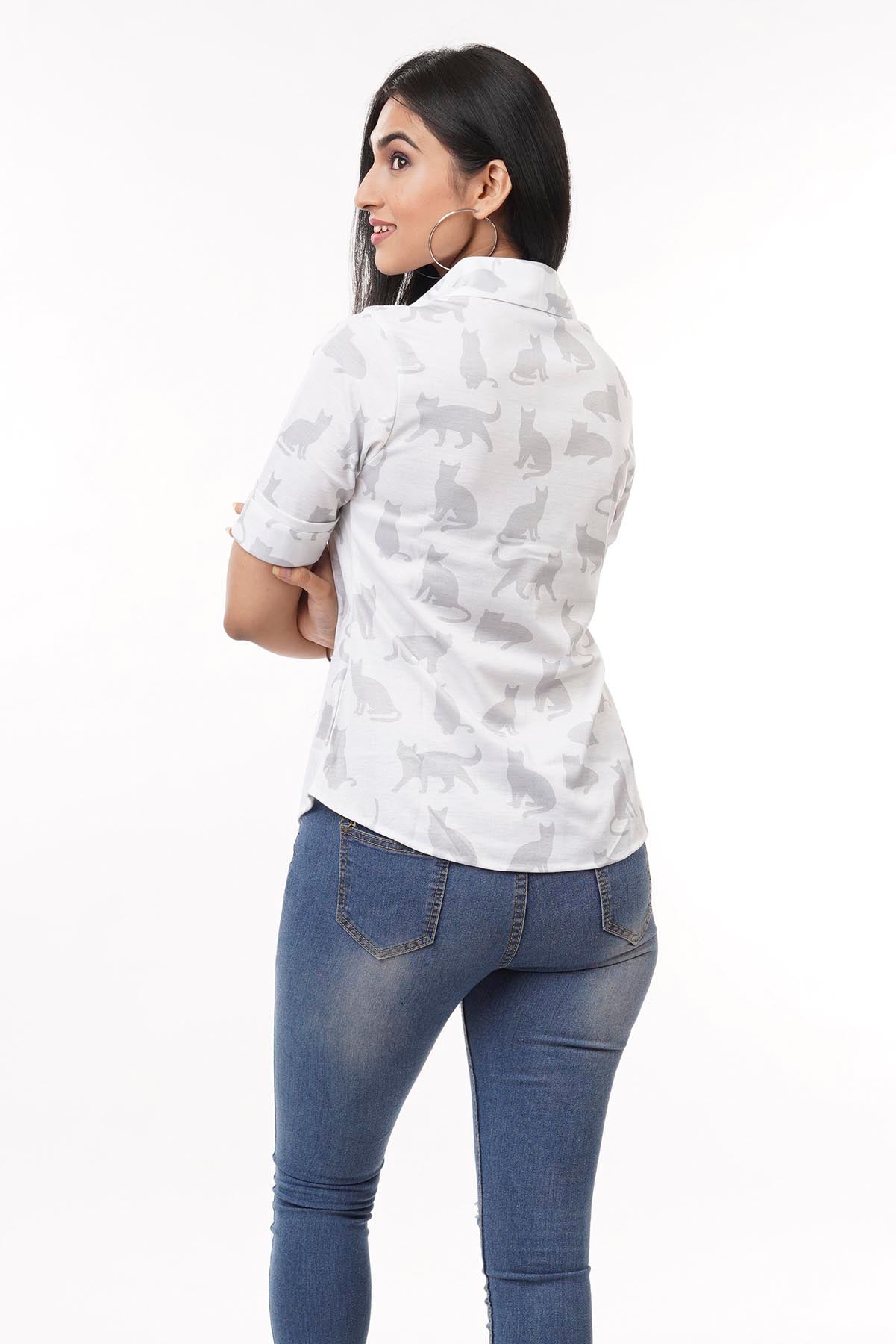 White with Grey Cat Pattern Regular Fit Shirtee