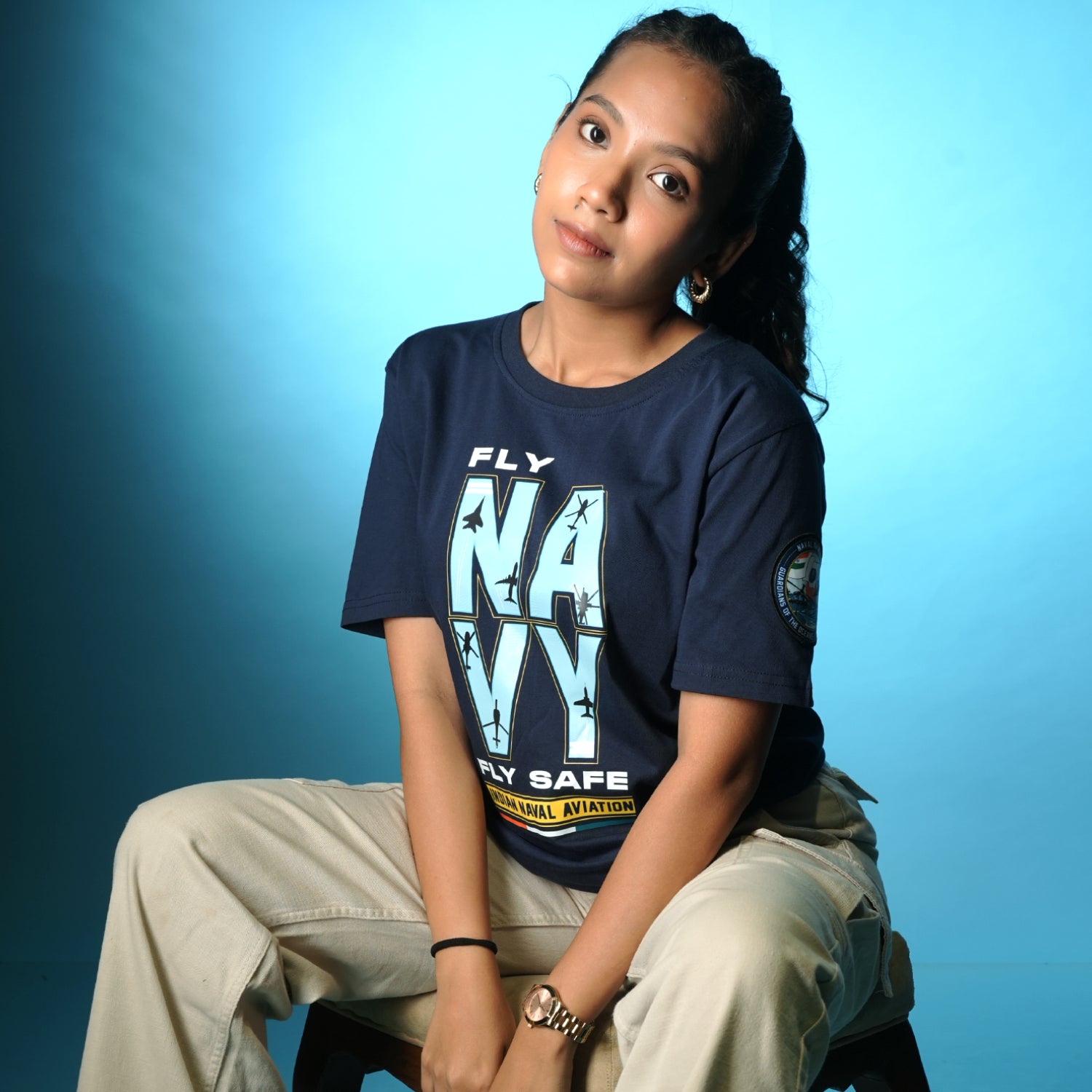 Indian Naval Aviation: Fly Navy Fly Safe Blue Regular Fit T-Shirt
