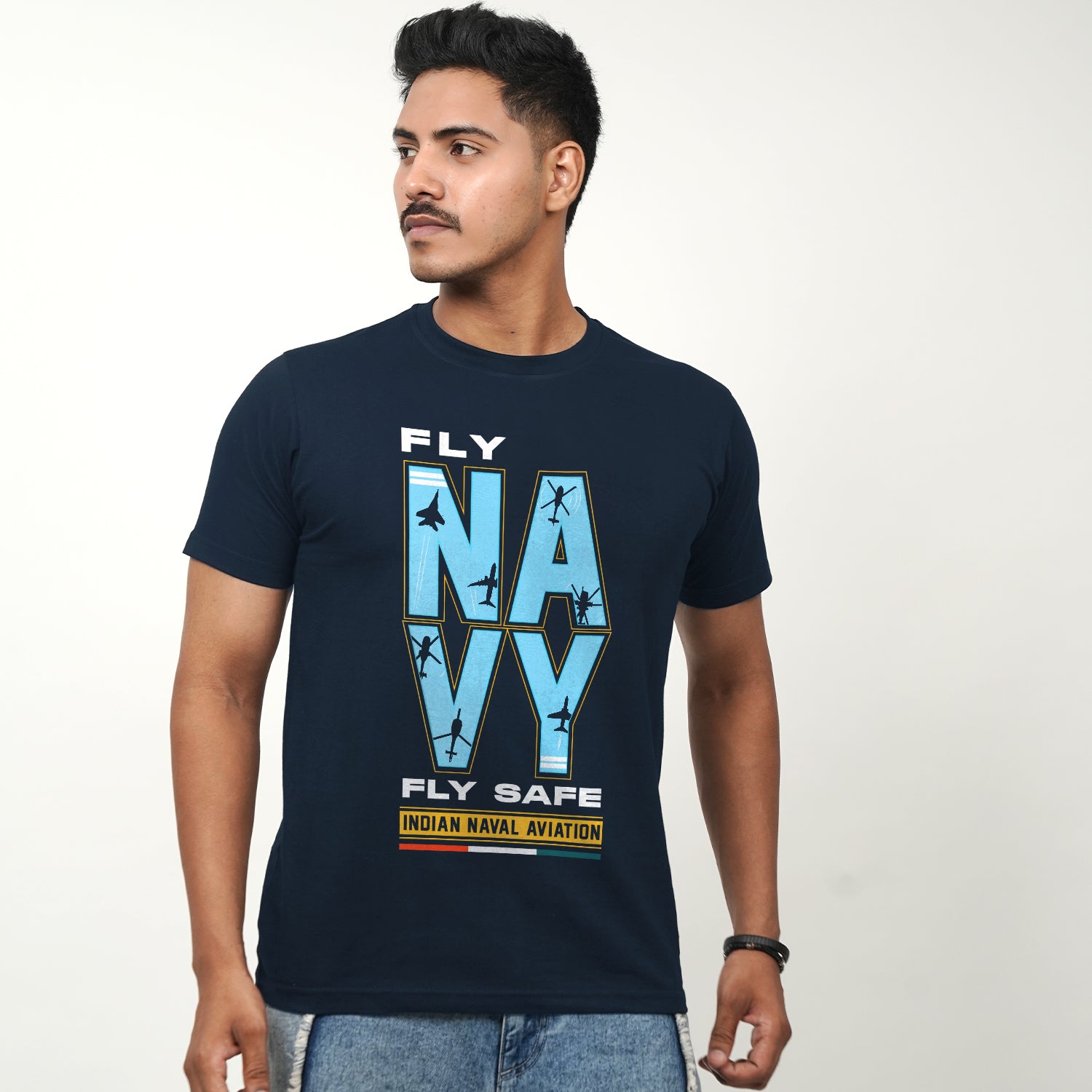 Indian Naval Aviation: Fly Navy Fly Safe Blue Regular Fit T-Shirt