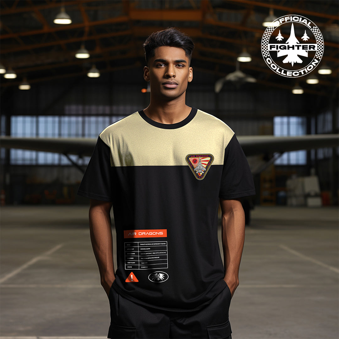 Black & Beige Flanker Blueprint Fighter Oversized T-Shirt