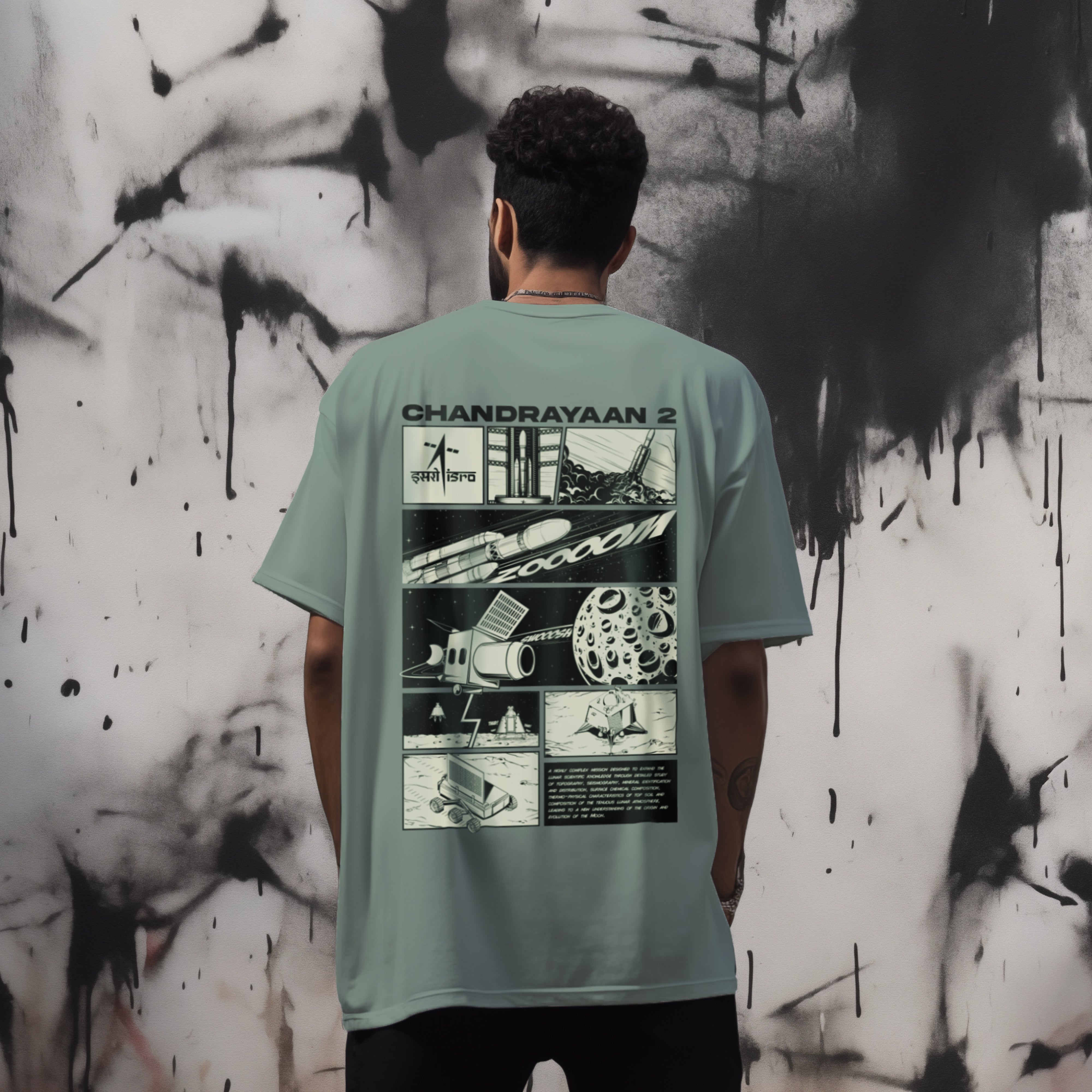 ISRO 'Chandrayaan 2 Comic Art' Sage Green Oversized Tee