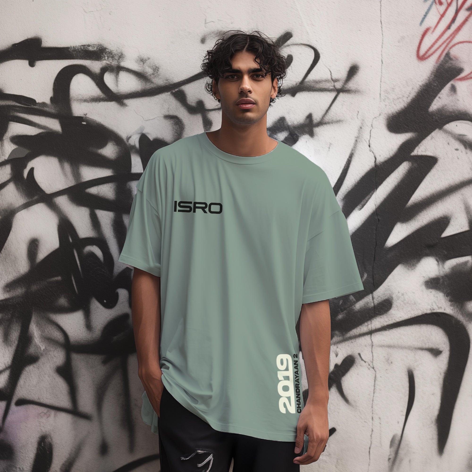 ISRO 'Chandrayaan 2 Comic Art' Sage Green Oversized Tee