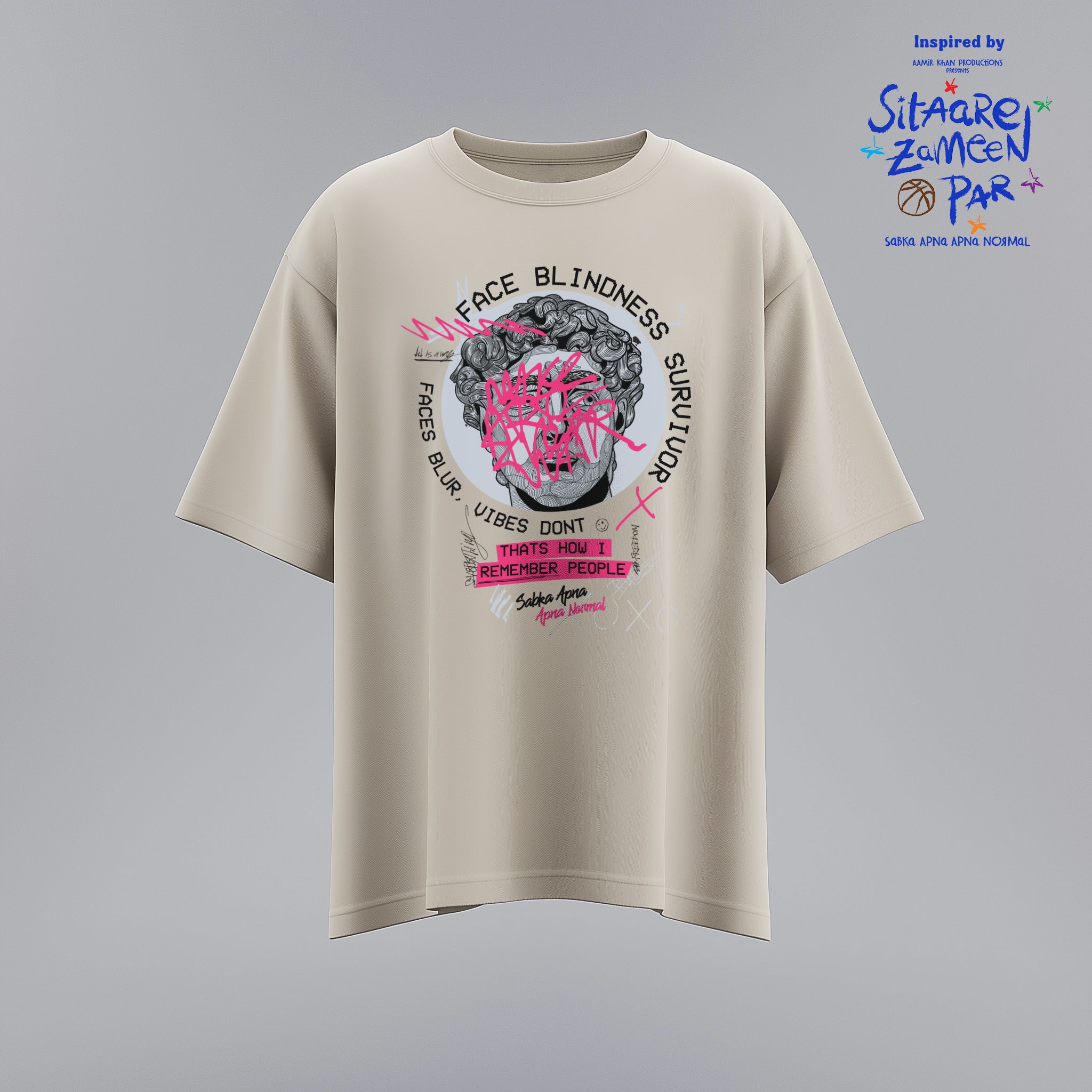 Sitaare Zameen Par:  Face Blindness Survivor Beige Oversized T-shirt