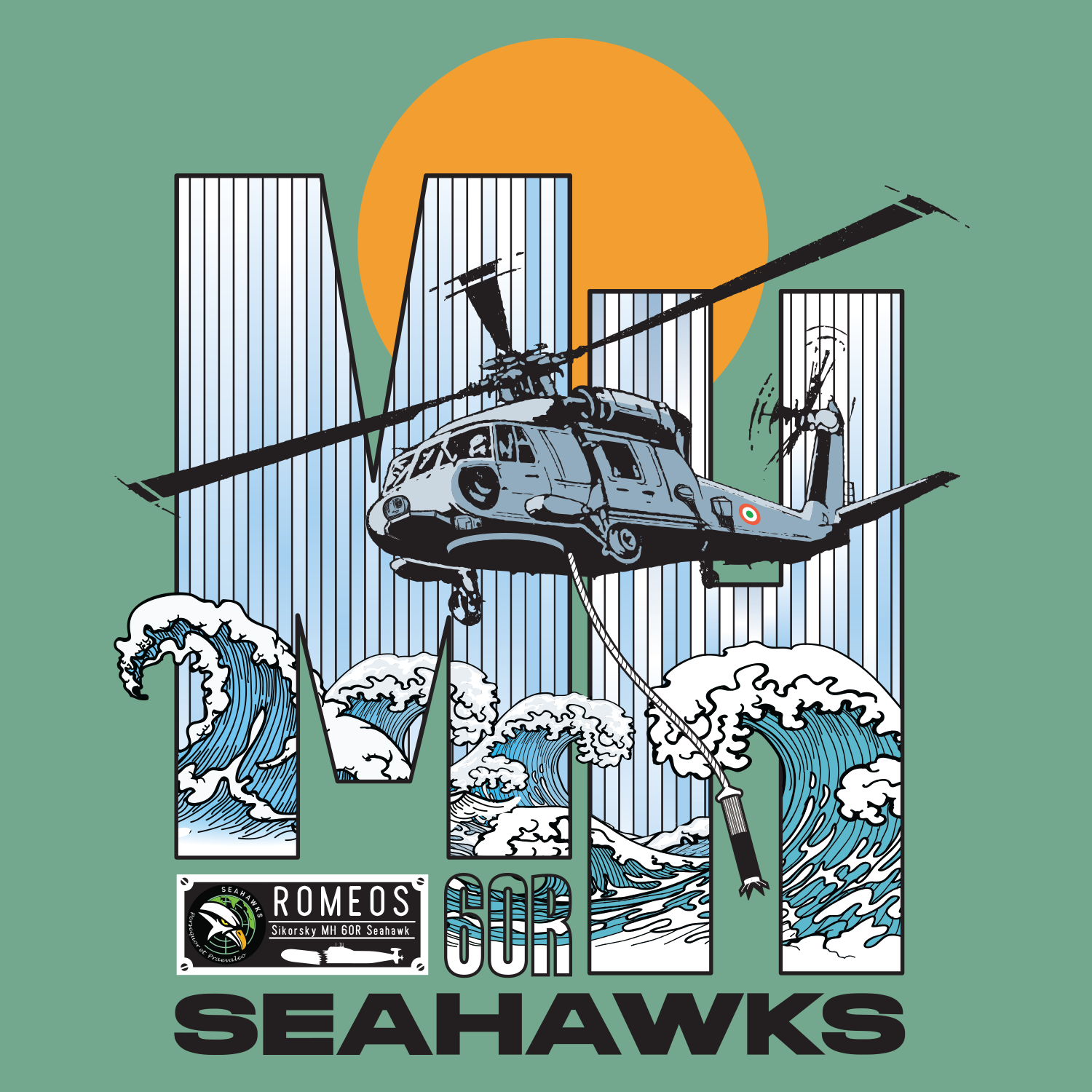 Official Indian Navy Seahawks Squadron Sikorsky MH60R Sage Green T-shirt