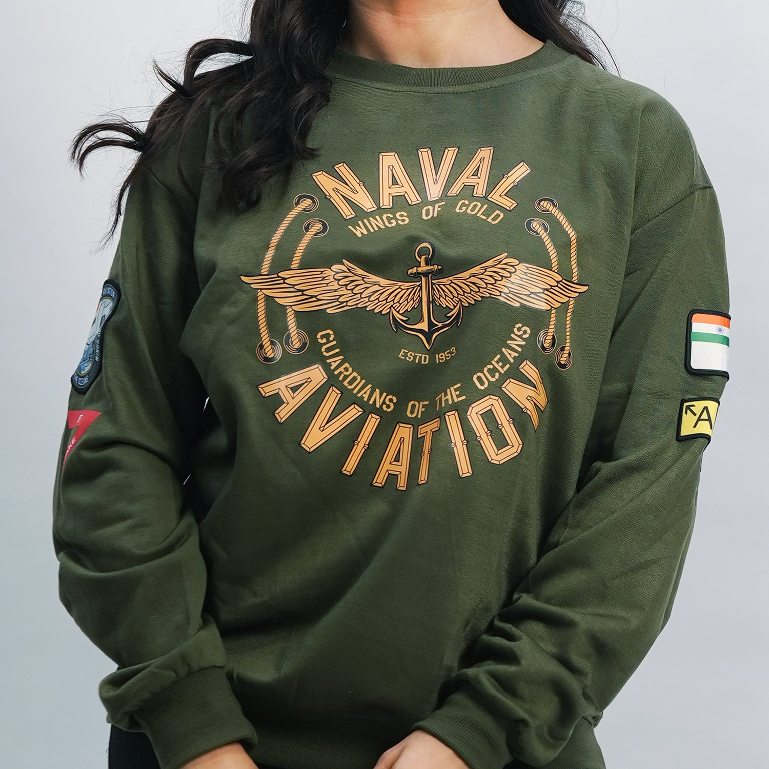 Indian Naval Aviation: Wings of Gold Olive Green Oversized Sweatshirt
