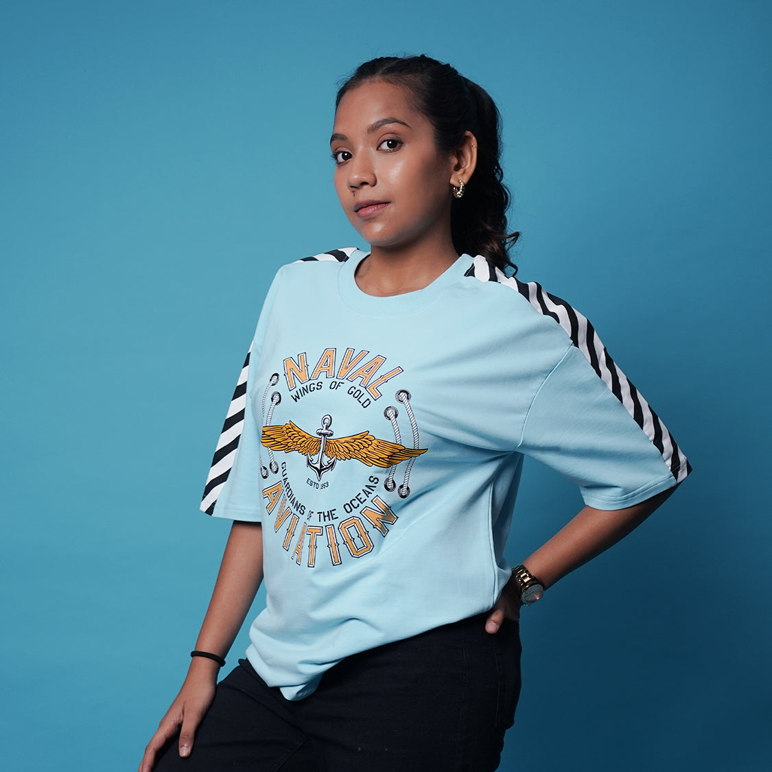 Indian Naval Aviation- Wings of Gold Blue Oversized T-Shirt