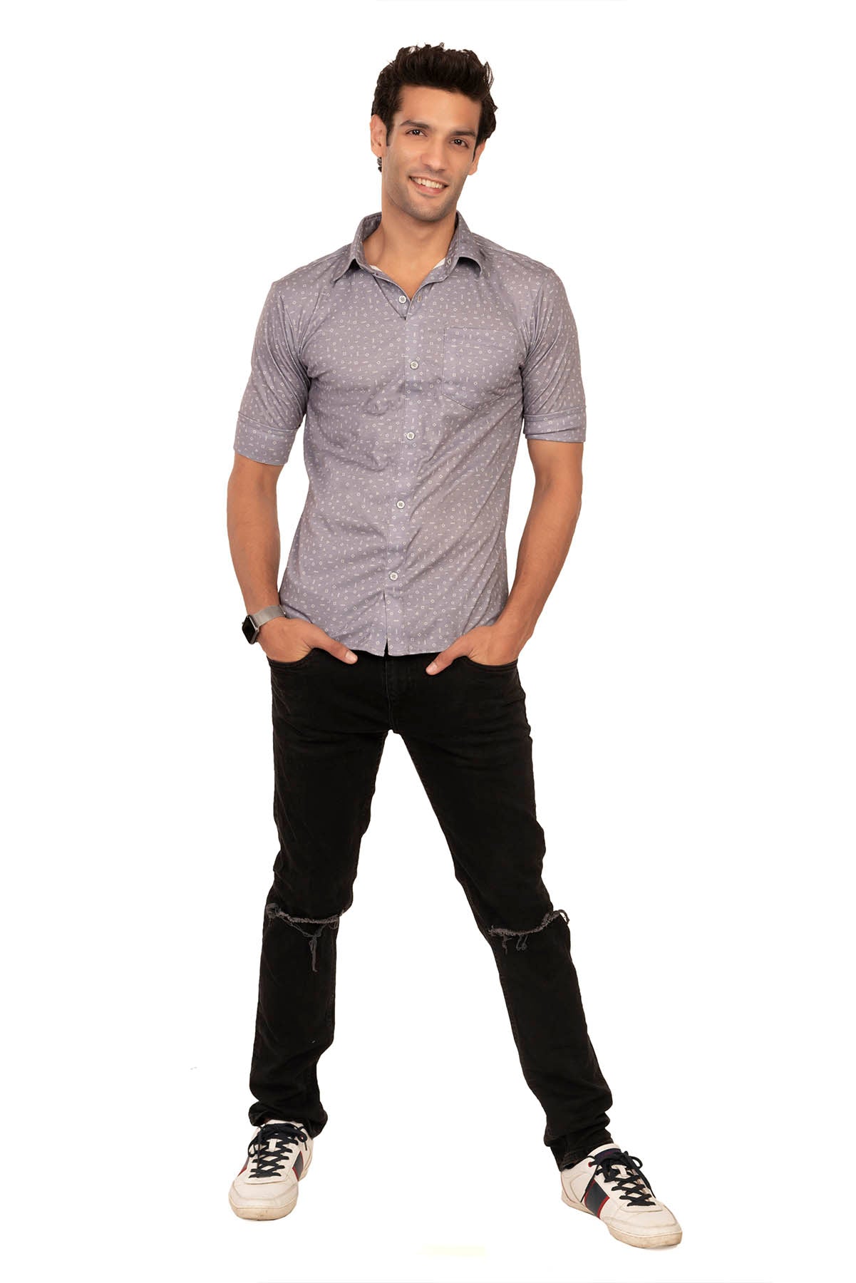 Light Grey 'Memphis' Ditsy Pattern Regular Fit Shirtee