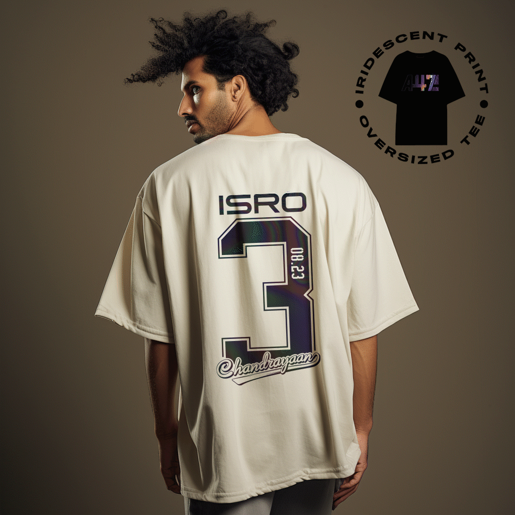 ISRO Chandrayaan-3 Oversized Cream T-Shirt with Holographic Print