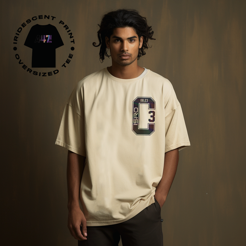 ISRO Chandrayaan-3 Oversized Cream T-Shirt with Holographic Print