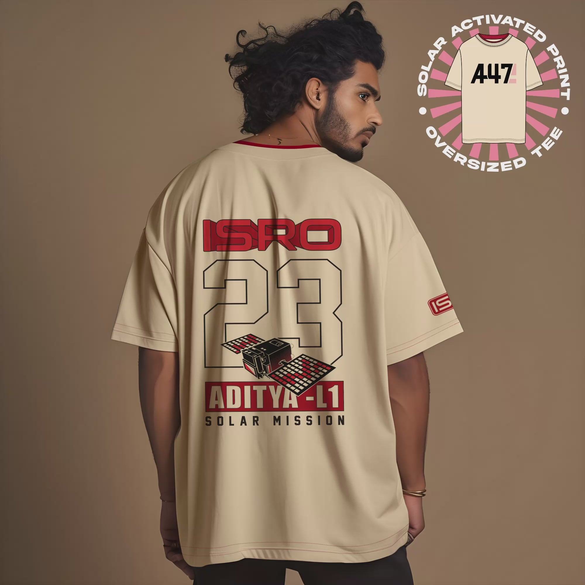 Load video: Solar Activated Aditya L1 Beige Oversized Tee