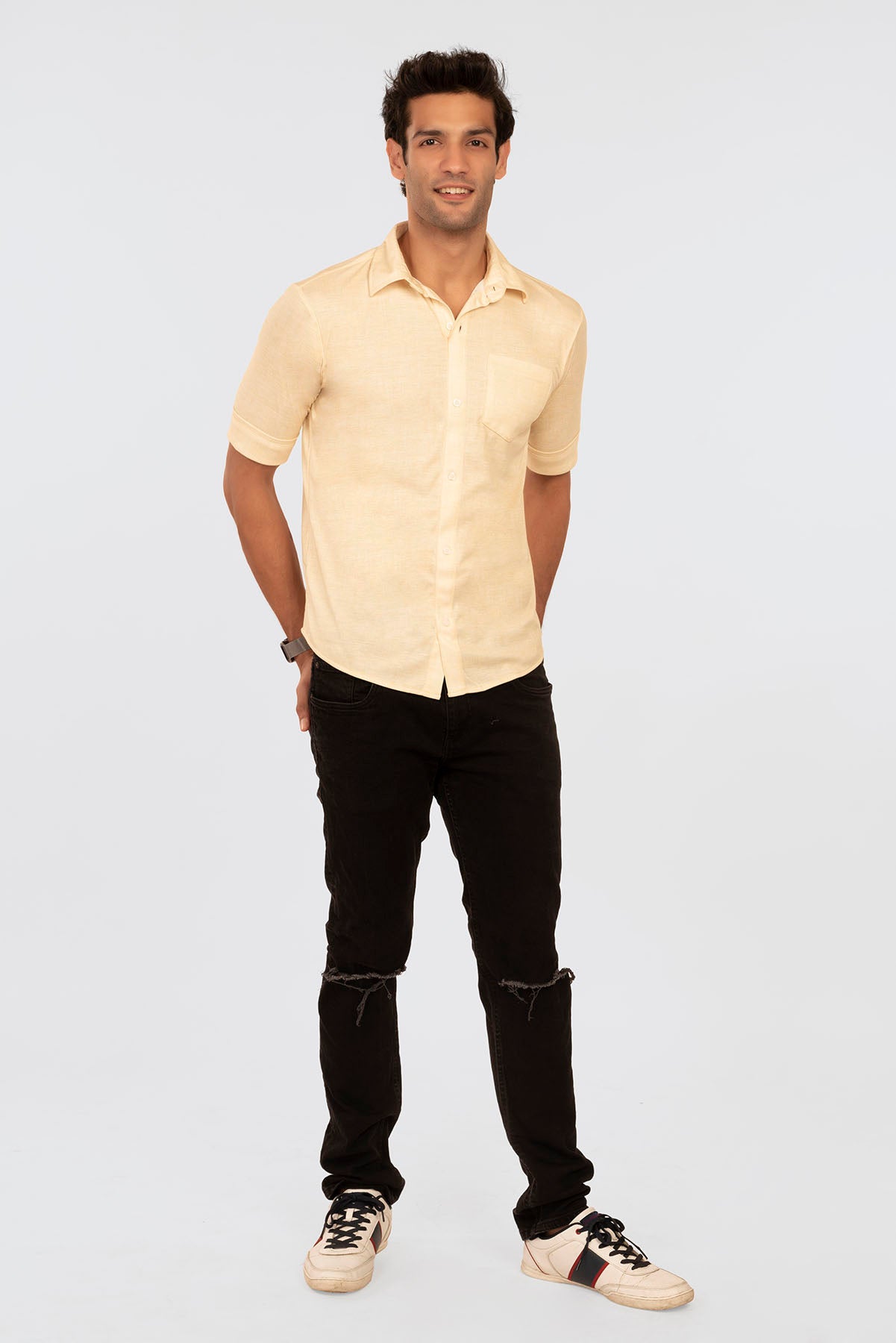 Pale Yellow Linen Regular Fit Shirtee