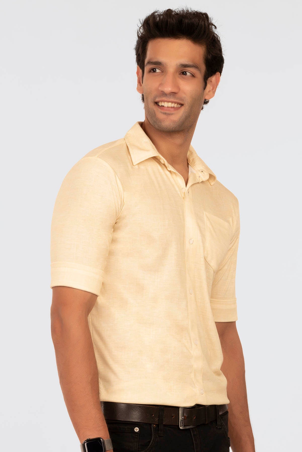 Pale Yellow Linen Regular Fit Shirtee