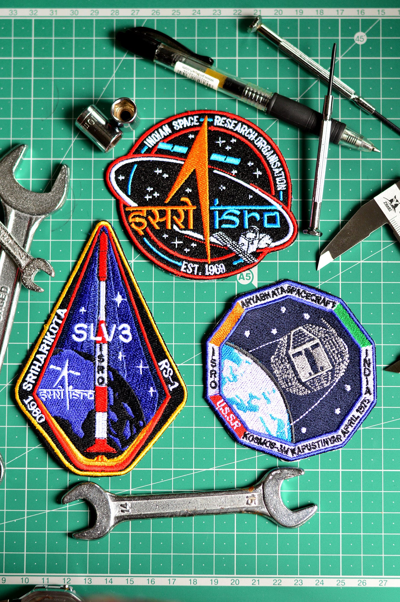 ISRO Classic Round Logo, SLV 3 and Aryabhatta Space Craft Iron On Badge - Pack of 3