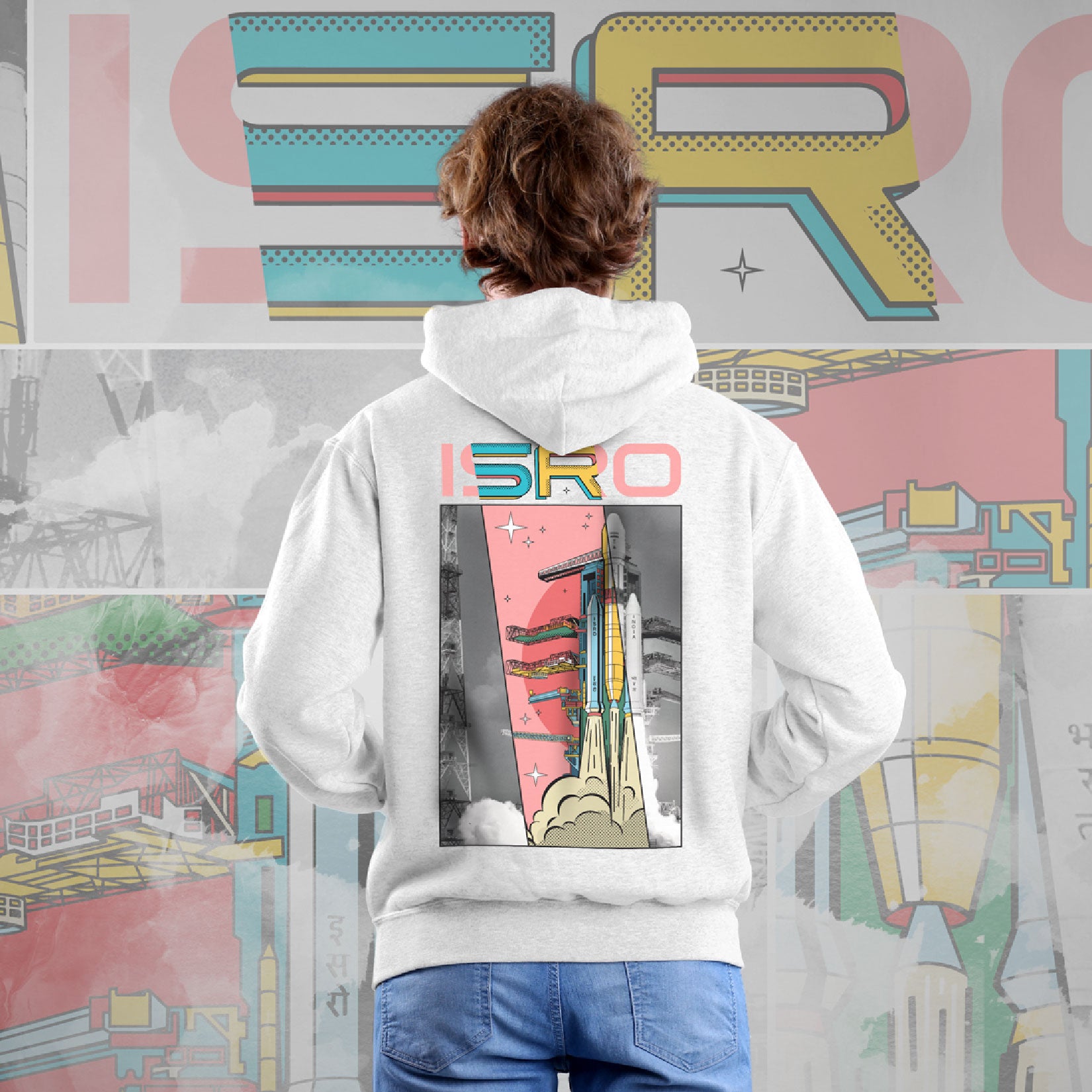White ISRO GSLV MKIII’ Pop Art Unisex Hoodie (Without Zip)